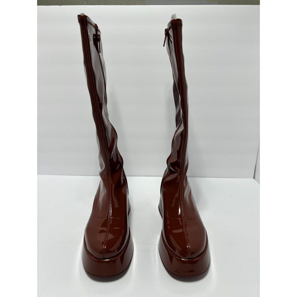 Circus NY Kimberly Brown Patent Platform Knee High Boots Womens 6.5M Retro Mod